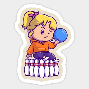 Cute Girl Playing Bowling Cartoon Sticker